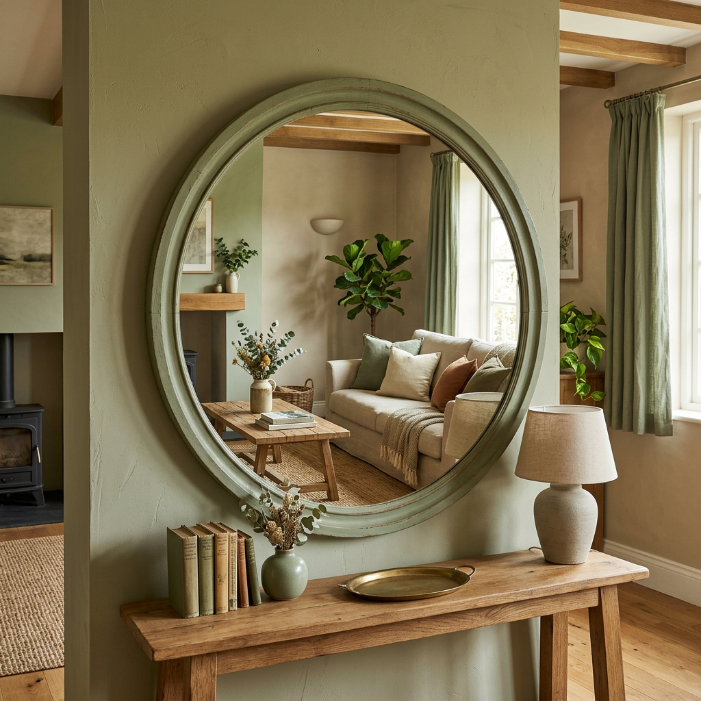 Round wall mirror reflecting a cozy living room with sofa, plants, and coffee table